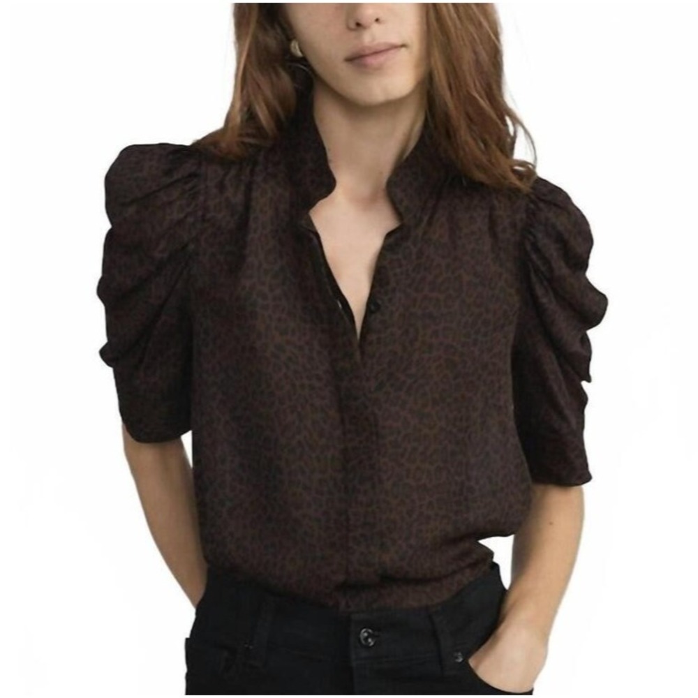 Frame The Gillian 100% Silk Puff Sleeve Blouse Leopard Size S Button Front